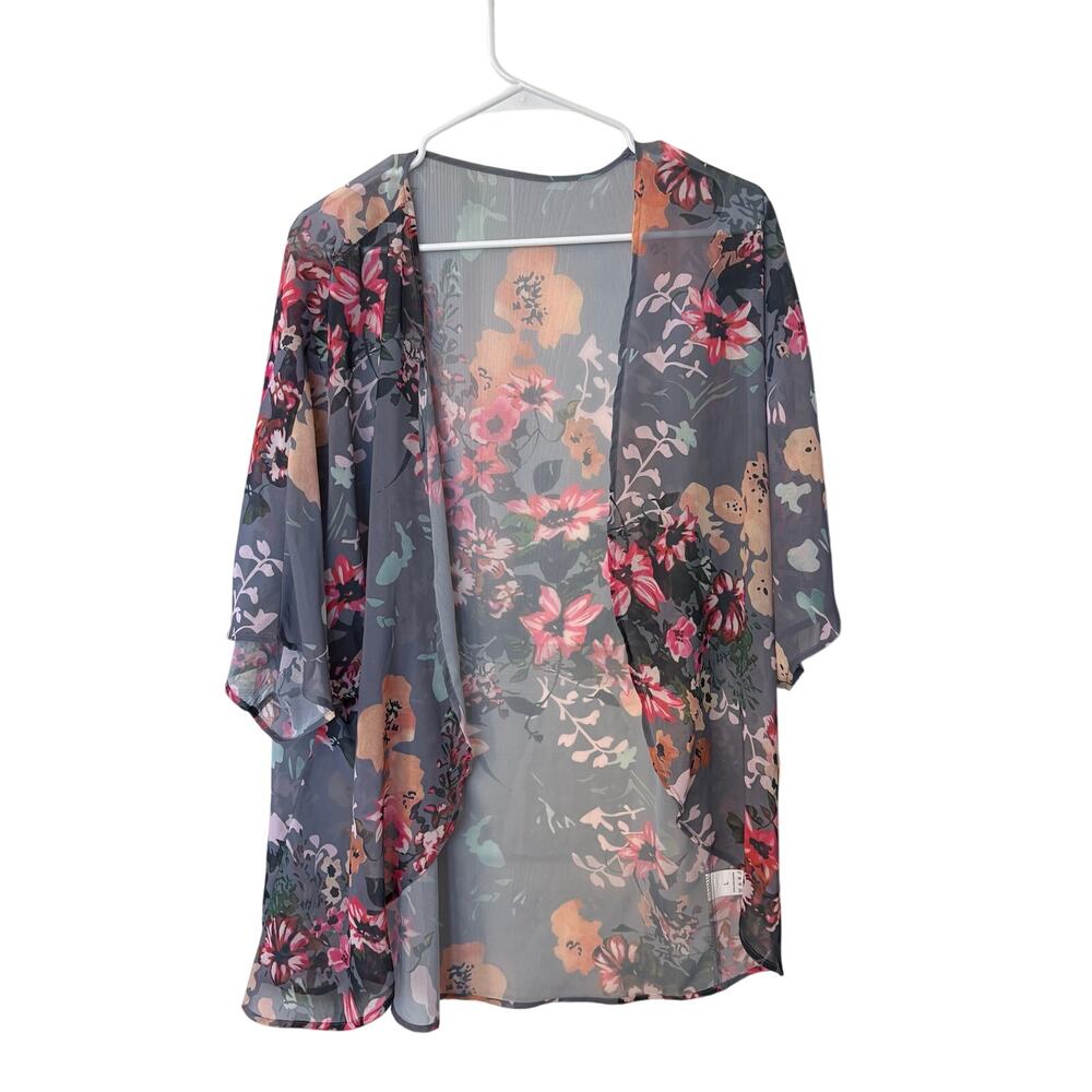 Floral Sheer Kimono Cardigan Gray Boho Large - Picture 3 of 8